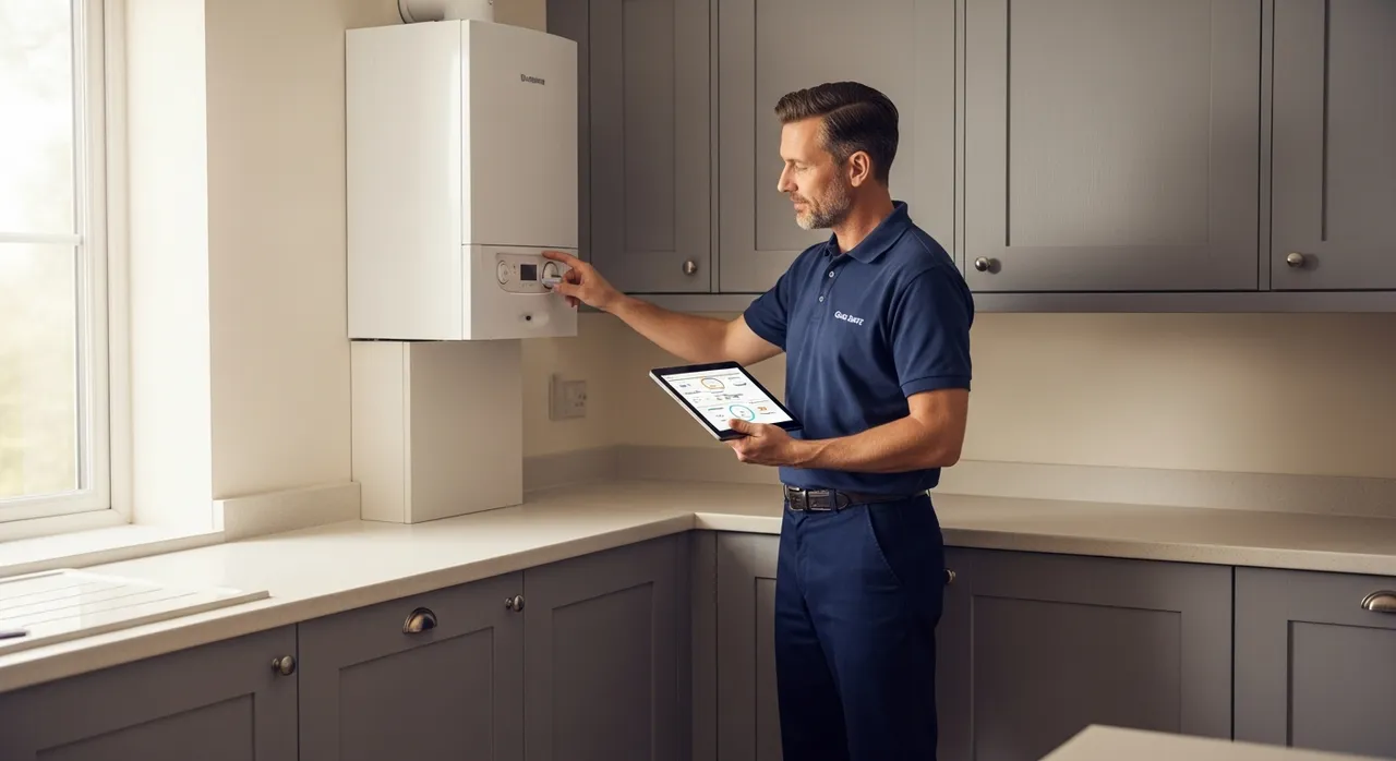 Gas Safe engineer inspecting a wall-mounted combi boiler in a clean modern UK kitchen